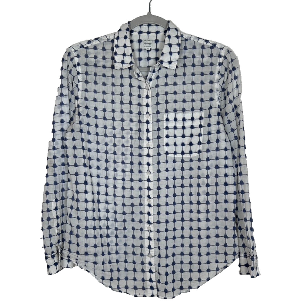 Madewell Womens XS lightweight lawn button up white & navy Preppy Clean girl